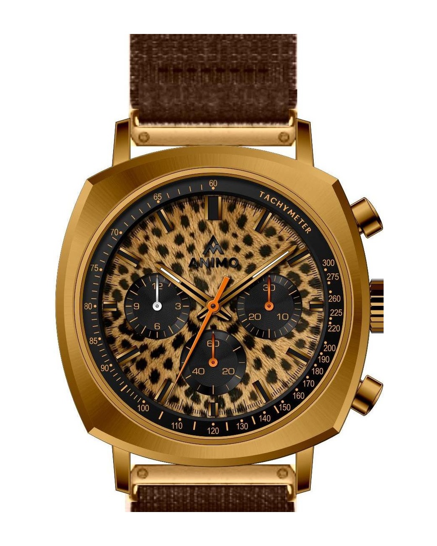 ANIMO Chronograph — Leopard Brass, gold case with NATO strap, hand-printed leopard dial