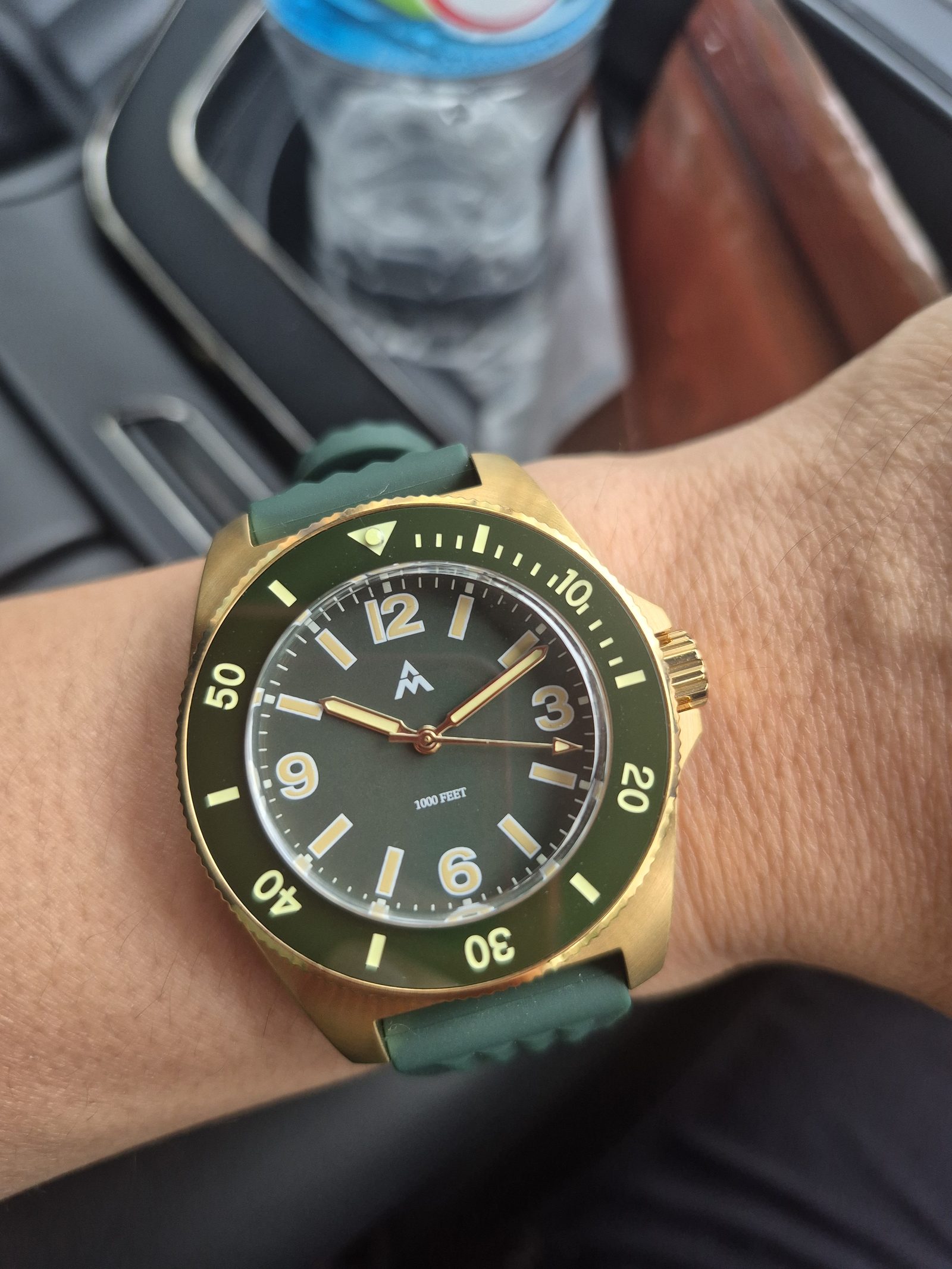 ANIMO Sport Diver, PVD Gold/Green, worn on the wrist — real production photo