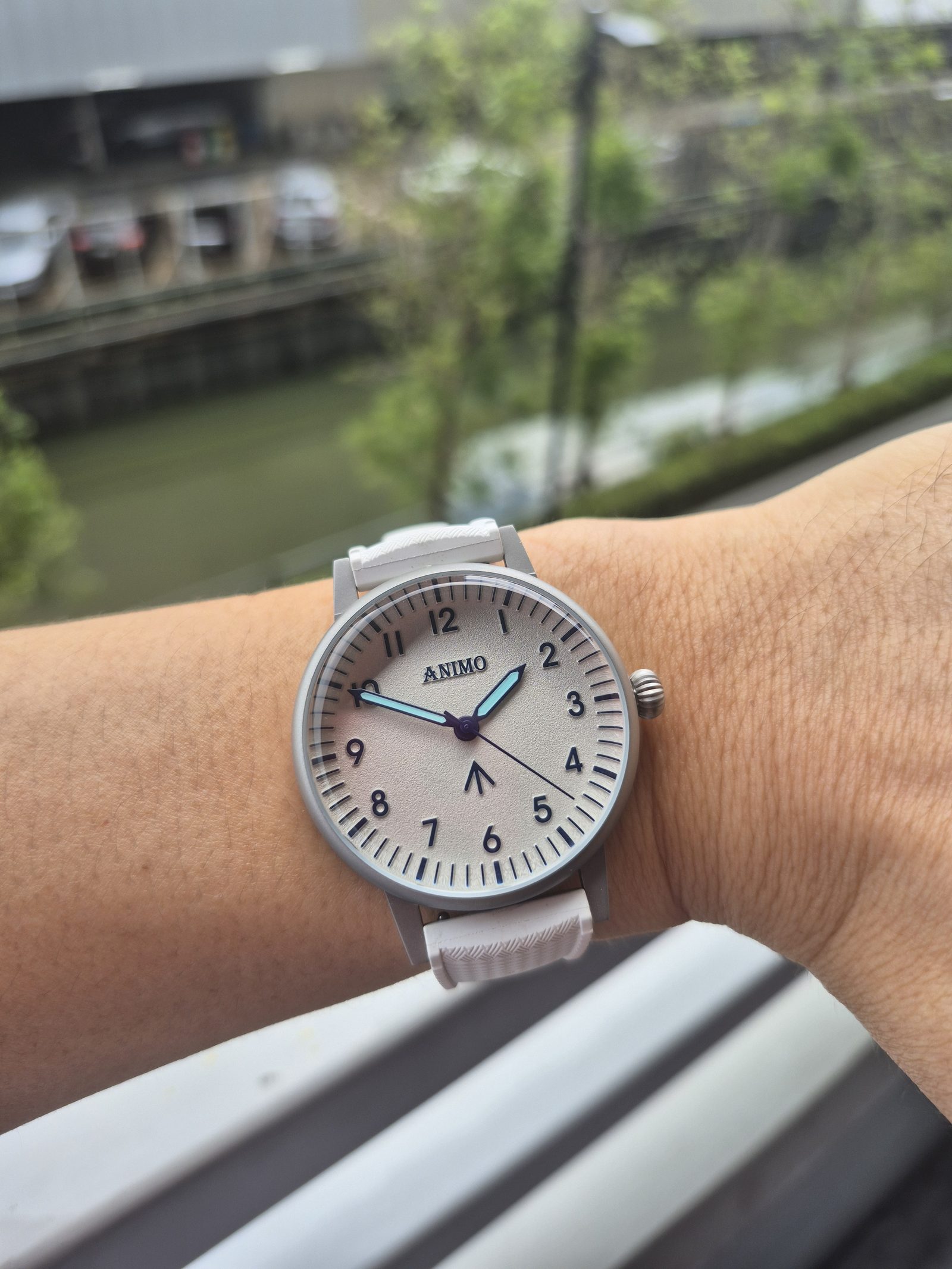 ANIMO Field Watch, Ivory Blue, worn on the wrist — real production photo